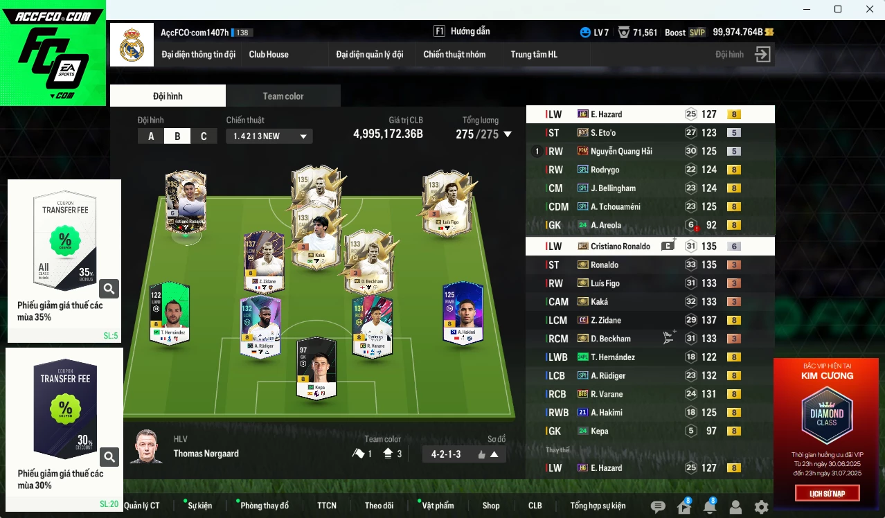 [ACC Rẻ🔥] Real Madrid 4.995.170b dư 100.000b có Ronaldo ITM+3, Zidane CC, CR7 BLD+6, Beckham ITM+3, Kaká ITM+3, Figo ITM+3, Varane BTB, Rudiger SPL, Hazard HG... (VIP KC Tháng 7)